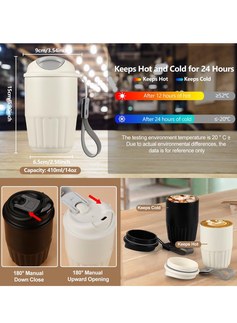 Travel Cup Insulated Coffee Thermal Cup, 14oz Upgraded Double Walled Water Glasses, Vacuum Insulation Stainless Steel with Leak-Proof Lid Tumbler Mug, Reusable Cup for Coffee, Tea(White)