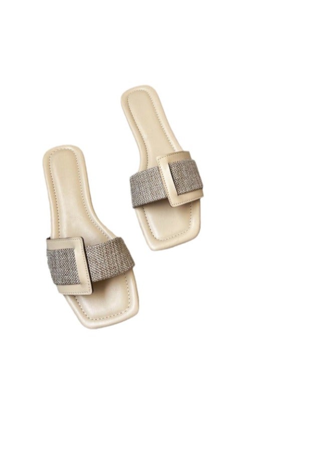 Women’s Buckle Design Flat Sandals Slip On Square Toe Minimalist Shoes Ladies Casual & Comfy Summer Shoes