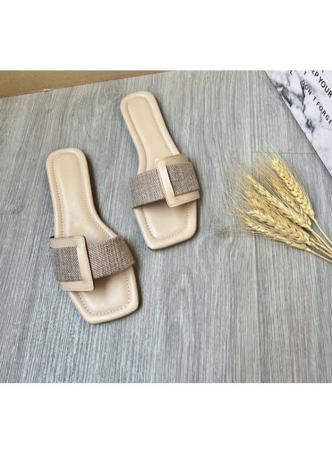 Women’s Buckle Design Flat Sandals Slip On Square Toe Minimalist Shoes Ladies Casual & Comfy Summer Shoes