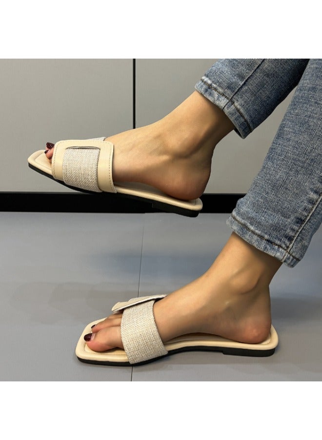 Women’s Buckle Design Flat Sandals Slip On Square Toe Minimalist Shoes Ladies Casual & Comfy Summer Shoes