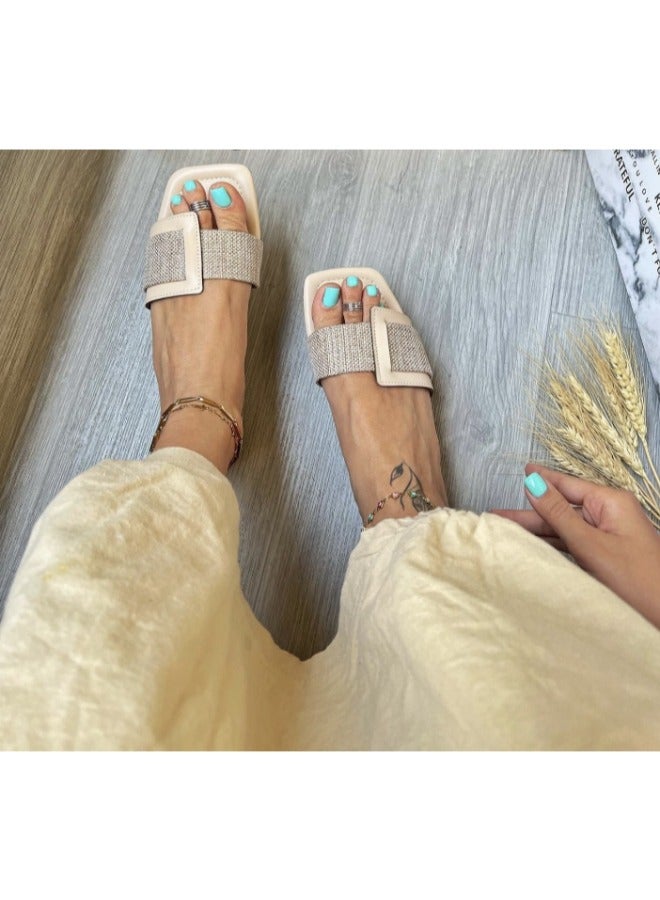 Women’s Buckle Design Flat Sandals Slip On Square Toe Minimalist Shoes Ladies Casual & Comfy Summer Shoes
