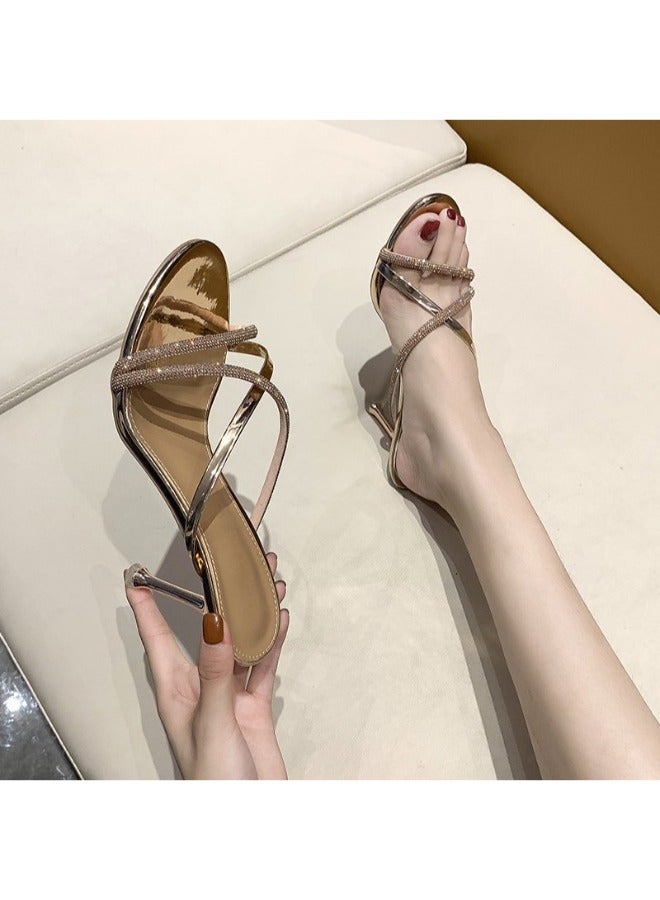 Trendy Glittery Strap High Heels Formal Sandals Bling Crystal Design Slippers For Women Heel Sandals Stripper Heels Open Mules Wedding Shoes Summer