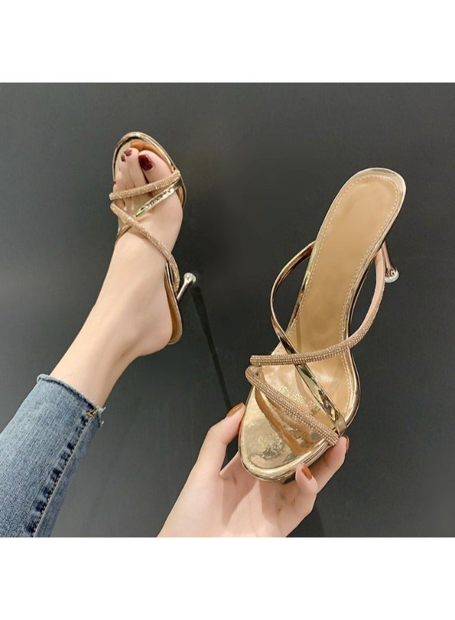 Trendy Glittery Strap High Heels Formal Sandals Bling Crystal Design Slippers For Women Heel Sandals Stripper Heels Open Mules Wedding Shoes Summer