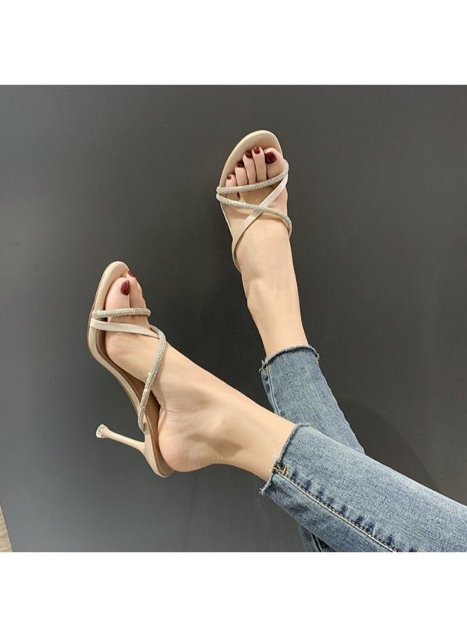 Trendy Glittery Strap High Heels Formal Sandals Bling Crystal Design Slippers For Women Heel Sandals Stripper Heels Open Mules Wedding Shoes Summer