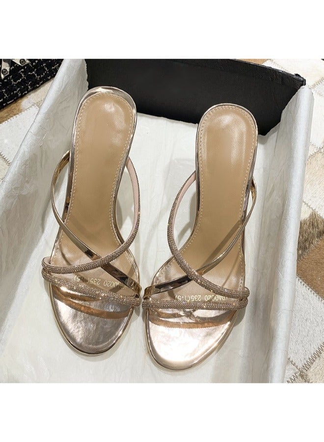 Trendy Glittery Strap High Heels Formal Sandals Bling Crystal Design Slippers For Women Heel Sandals Stripper Heels Open Mules Wedding Shoes Summer