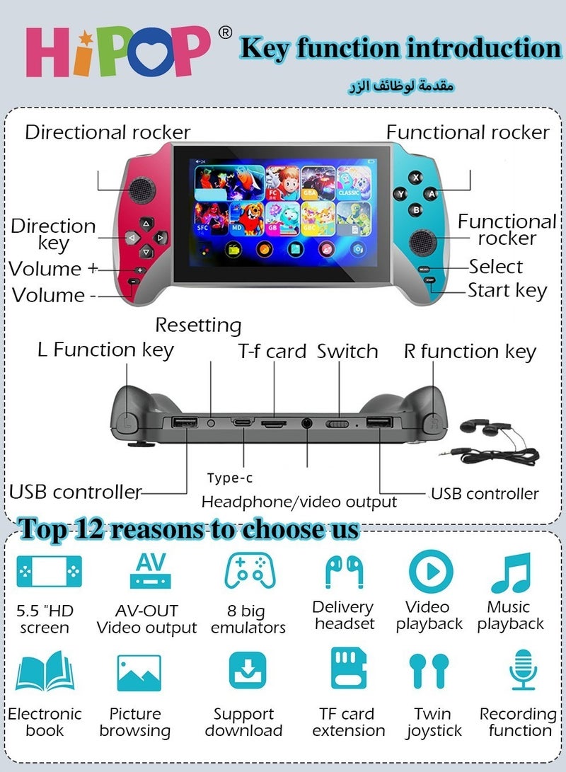 Handheld Game Consoles for Kids,Featuring 5.5 Inch HD Screen and Retro Arcade Games,Equipped with High Capacity 3000mAh Battery,Including Free Headphones,3000 in 1 Video Gaming Experience