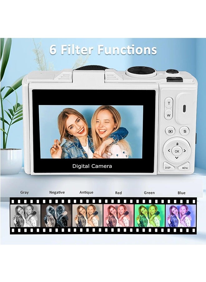 64MP Digital Camera for Photography and Video: 4K Vlogging Camera for YouTube with 3'' Flip Screen and 32GB TF Card, 16X Zoom Digital Camera for Gift (White)