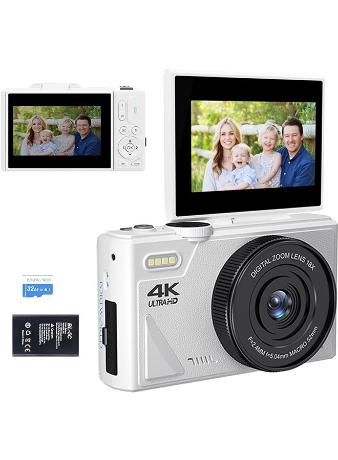 64MP Digital Camera for Photography and Video: 4K Vlogging Camera for YouTube with 3'' Flip Screen and 32GB TF Card, 16X Zoom Digital Camera for Gift (White)