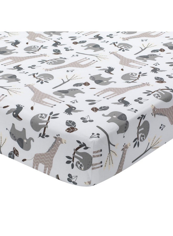 Lambs And Ivy Baby Jungle Animals White Gray Taupe Cotton Fitted Crib Sheet