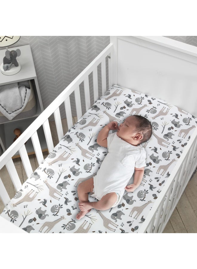 Lambs And Ivy Baby Jungle Animals White Gray Taupe Cotton Fitted Crib Sheet
