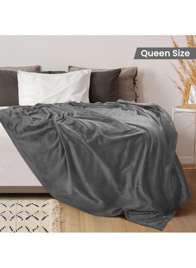 Fleece Blanket Queen Size Grey 300Gsm Luxury Bed Blanket Anti Static Fuzzy Soft Blanket Microfiber 90X90 Inches