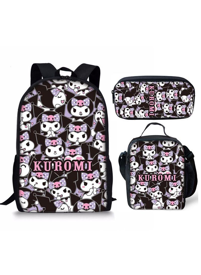 3 pcs set Kuromi Children Backpack Daypack Schoolbag Girls  Boys School Book bag with Lunch Box Pen Case