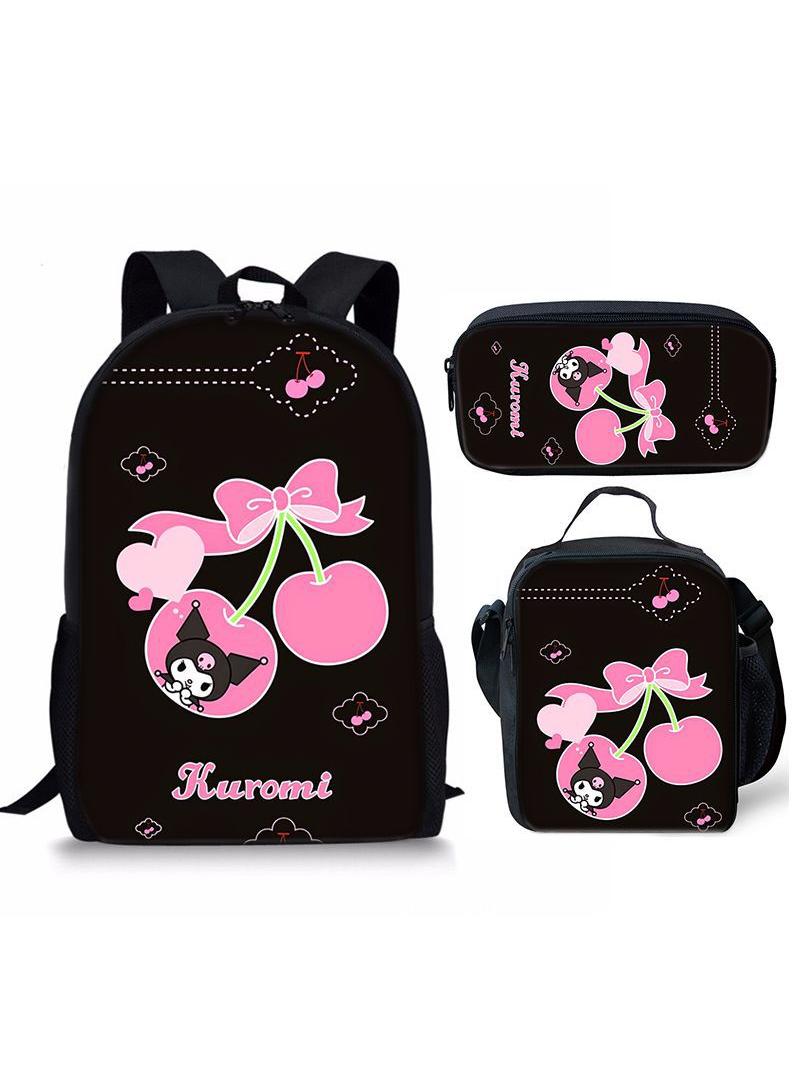 3 pcs set Kuromi Children Backpack Daypack Schoolbag Girls  Boys School Book bag with Lunch Box Pen Case