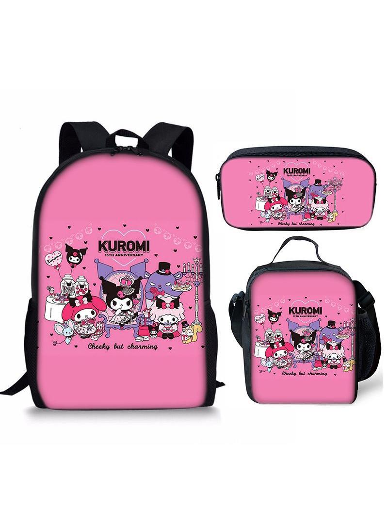 3 pcs set Kuromi Children Backpack Daypack Schoolbag Girls  Boys School Book bag with Lunch Box Pen Case