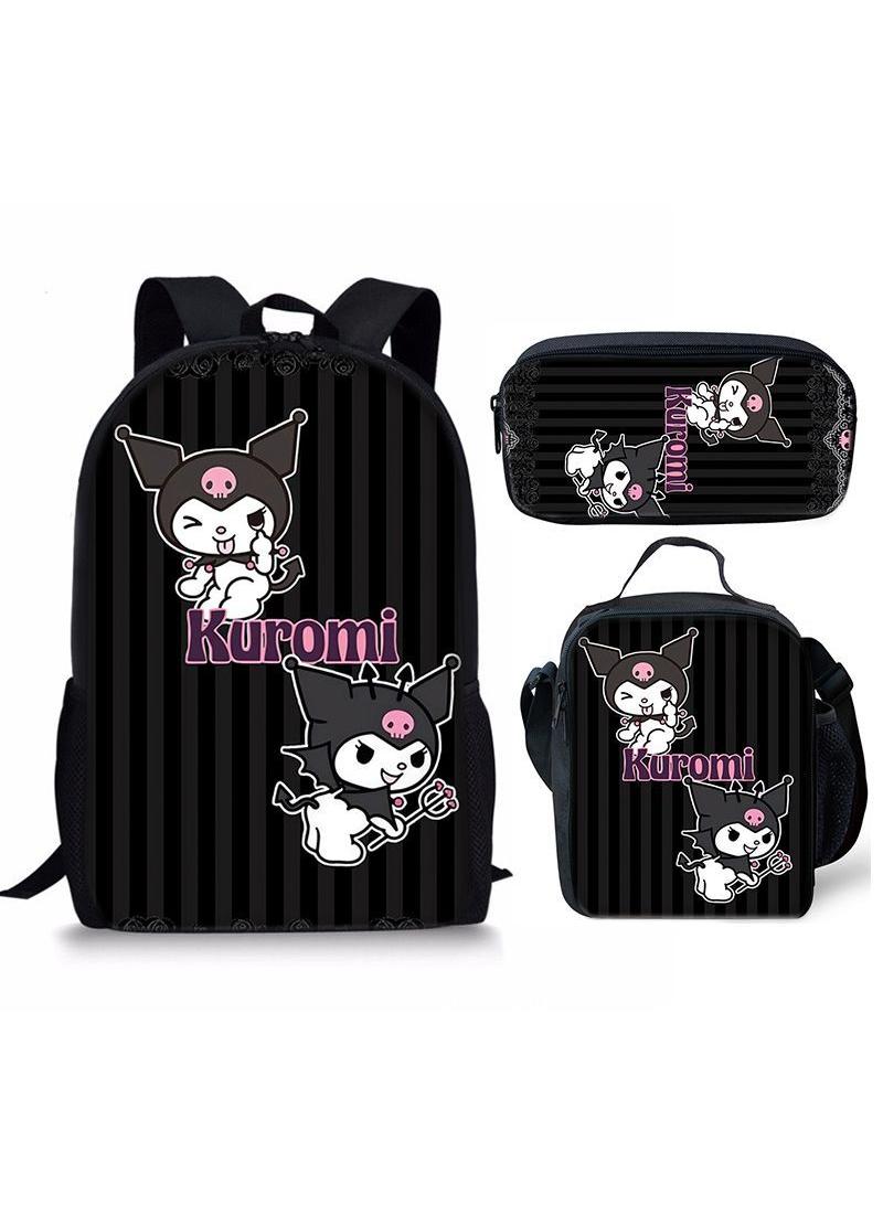 3 pcs set Kuromi Children Backpack Daypack Schoolbag Girls  Boys School Book bag with Lunch Box Pen Case
