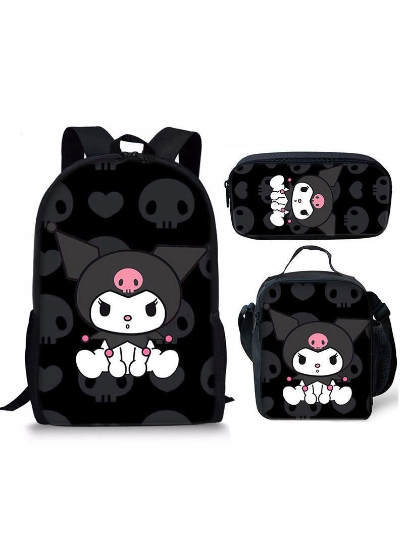 3 pcs set Kuromi Children Backpack Daypack Schoolbag Girls  Boys School Book bag with Lunch Box Pen Case