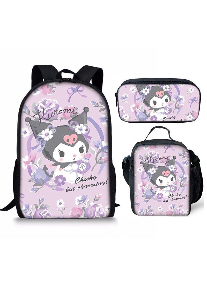 3 pcs set Kuromi Children Backpack Daypack Schoolbag Girls  Boys School Book bag with Lunch Box Pen Case