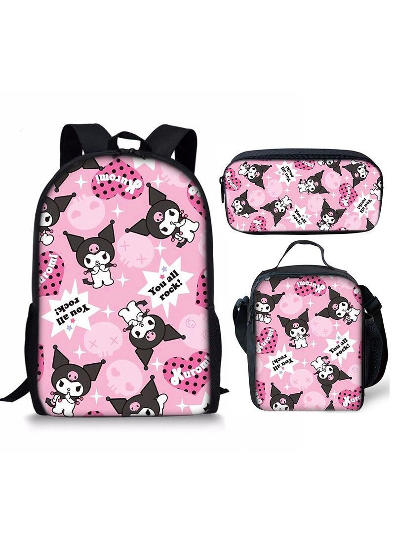 3 pcs set Kuromi Children Backpack Daypack Schoolbag Girls  Boys School Book bag with Lunch Box Pen Case