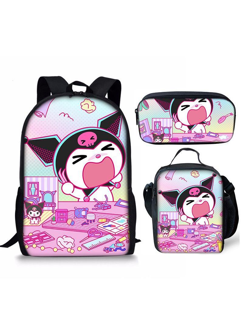 3 pcs set Kuromi Children Backpack Daypack Schoolbag Girls  Boys School Book bag with Lunch Box Pen Case