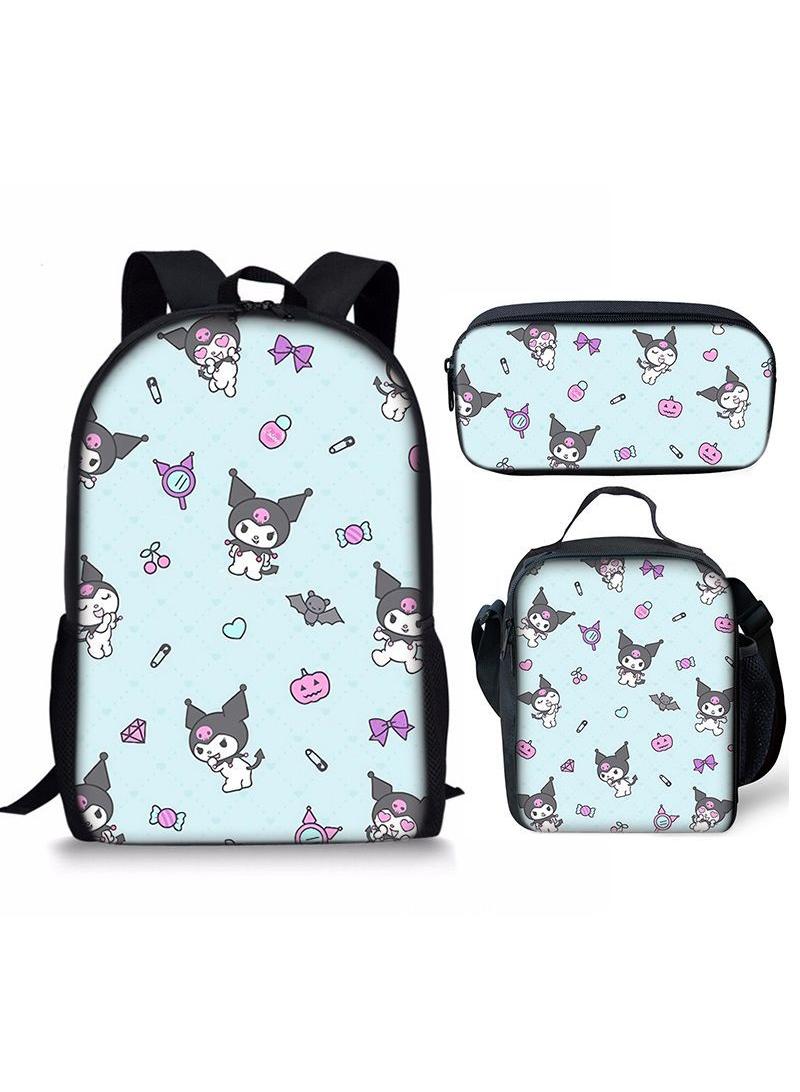 3 pcs set Kuromi Children Backpack Daypack Schoolbag Girls  Boys School Book bag with Lunch Box Pen Case