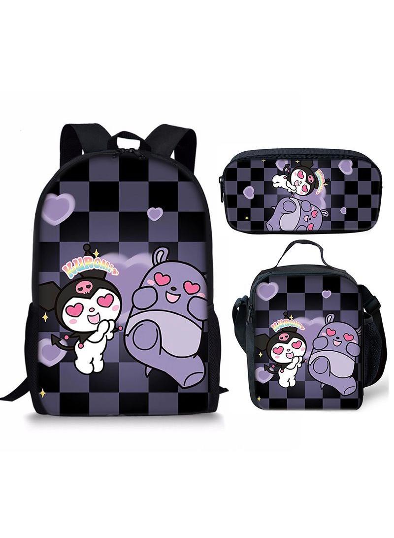 3 pcs set Kuromi Children Backpack Daypack Schoolbag Girls  Boys School Book bag with Lunch Box Pen Case