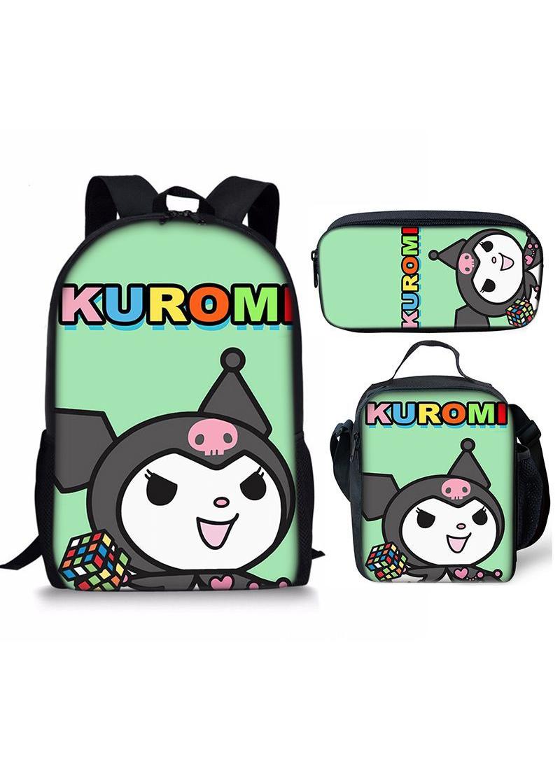 3 pcs set Kuromi Children Backpack Daypack Schoolbag Girls  Boys School Book bag with Lunch Box Pen Case