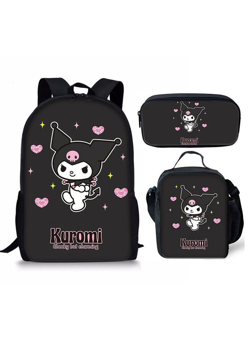 3 pcs set Kuromi Children Backpack Daypack Schoolbag Girls  Boys School Book bag with Lunch Box Pen Case