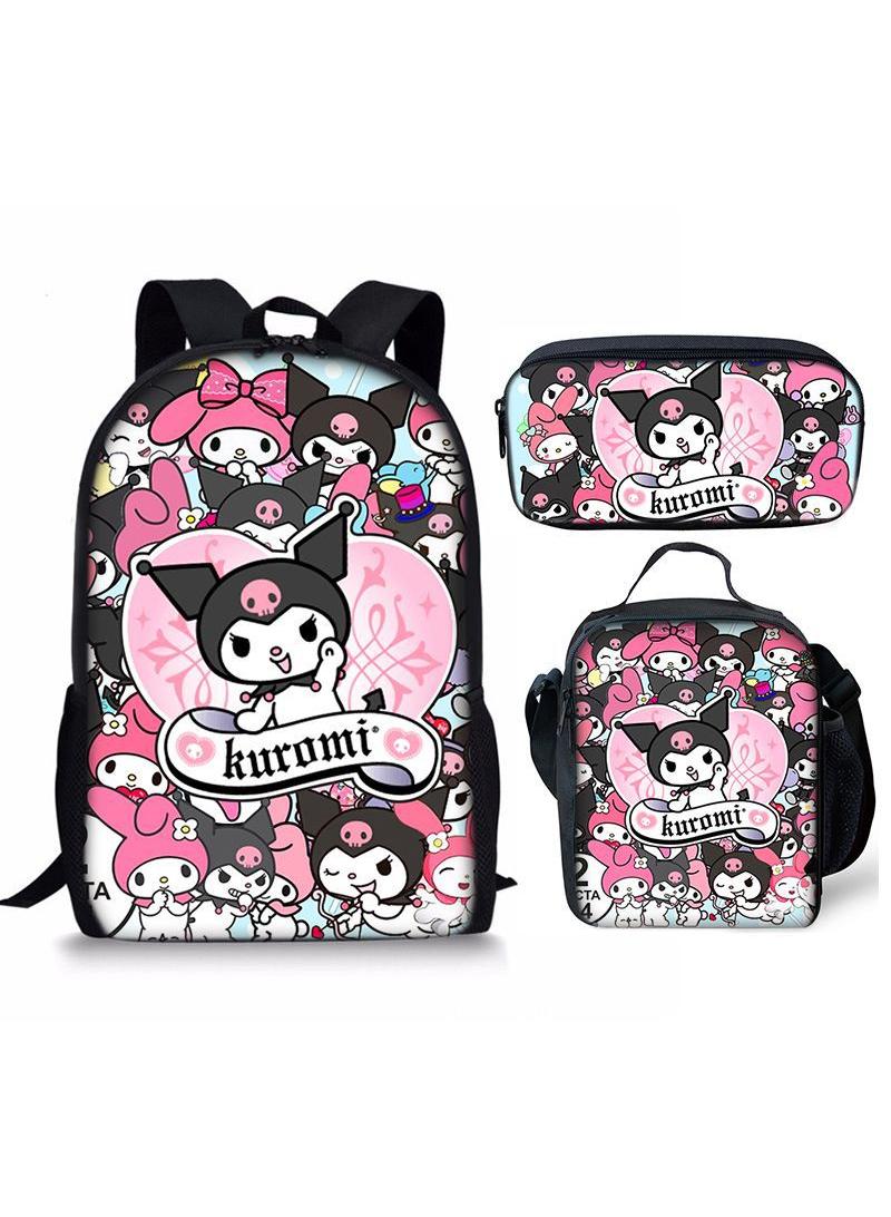 3 pcs set Kuromi Children Backpack Daypack Schoolbag Girls  Boys School Book bag with Lunch Box Pen Case