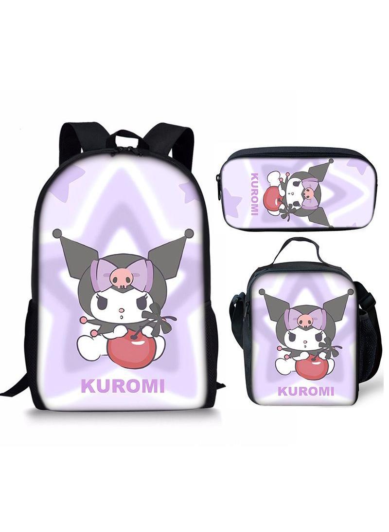 3 pcs set Kuromi Children Backpack Daypack Schoolbag Girls  Boys School Book bag with Lunch Box Pen Case