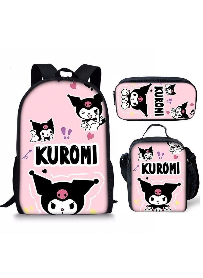 3 pcs set Kuromi Children Backpack Daypack Schoolbag Girls  Boys School Book bag with Lunch Box Pen Case
