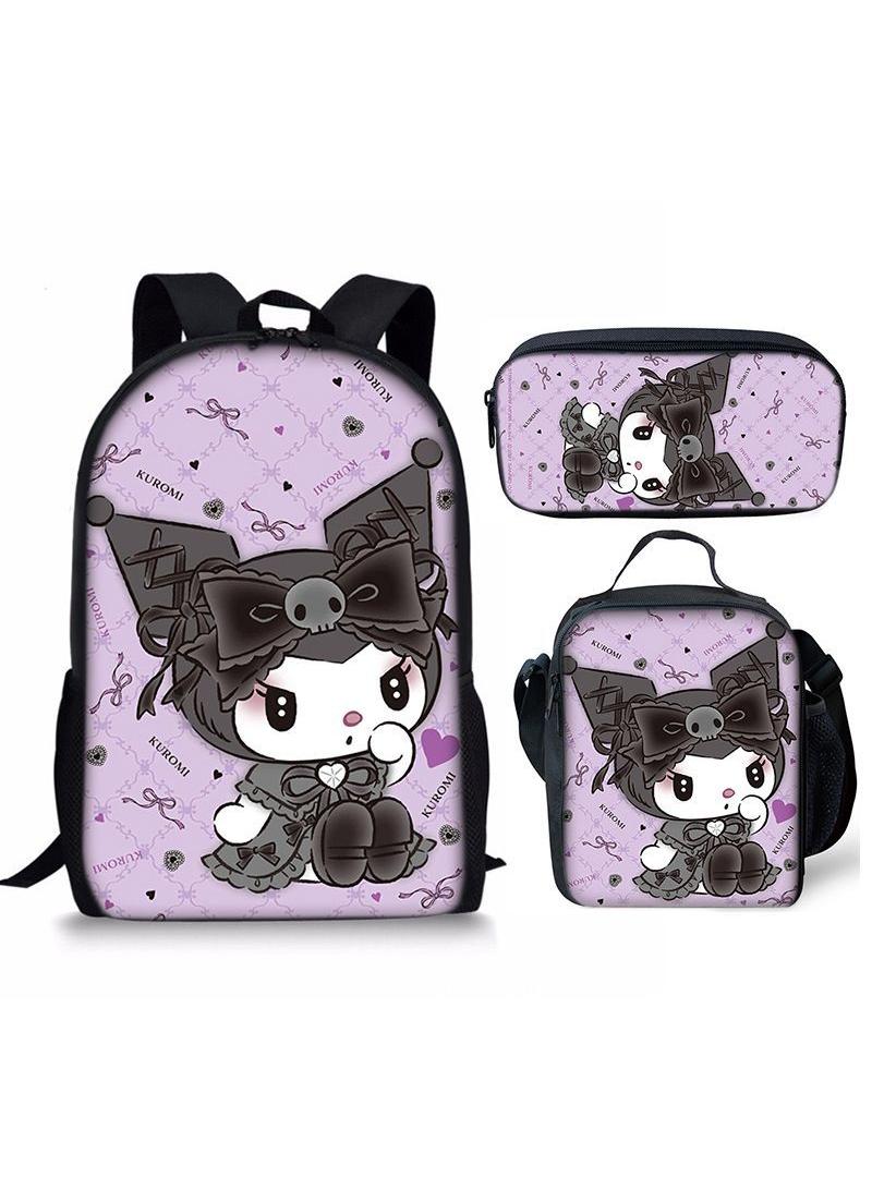 3 pcs set Kuromi Children Backpack Daypack Schoolbag Girls  Boys School Book bag with Lunch Box Pen Case