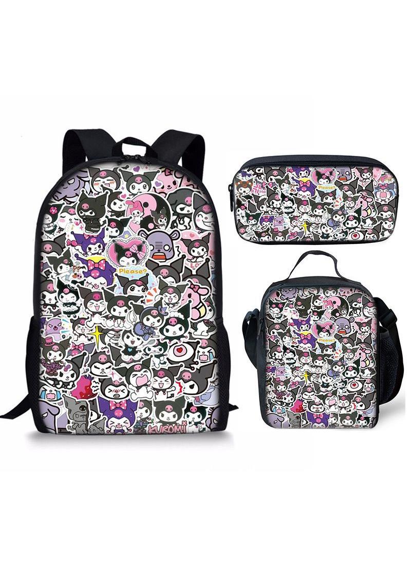 3 pcs set Kuromi Children Backpack Daypack Schoolbag Girls  Boys School Book bag with Lunch Box Pen Case