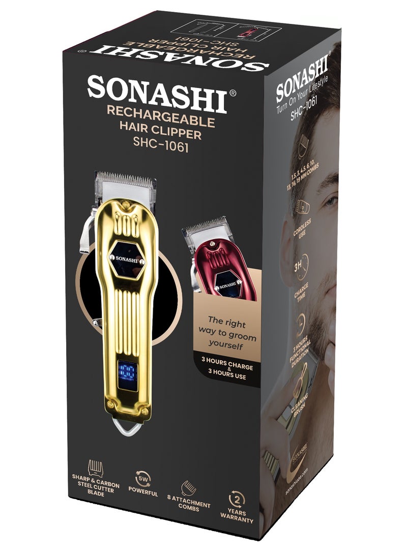Rechargeable Hair Clipper With Digital LCD Display  2 Hours Continuous Working Time Sharp And Carbon Steel Cutter Blade With HighQuality Metal Body Chargeable And Cordless  SHC-1061 Gold