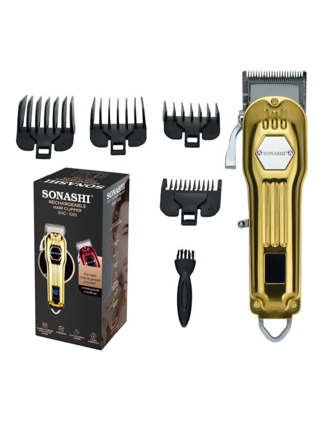 Rechargeable Hair Clipper With Digital LCD Display  2 Hours Continuous Working Time Sharp And Carbon Steel Cutter Blade With HighQuality Metal Body Chargeable And Cordless  SHC-1061 Gold