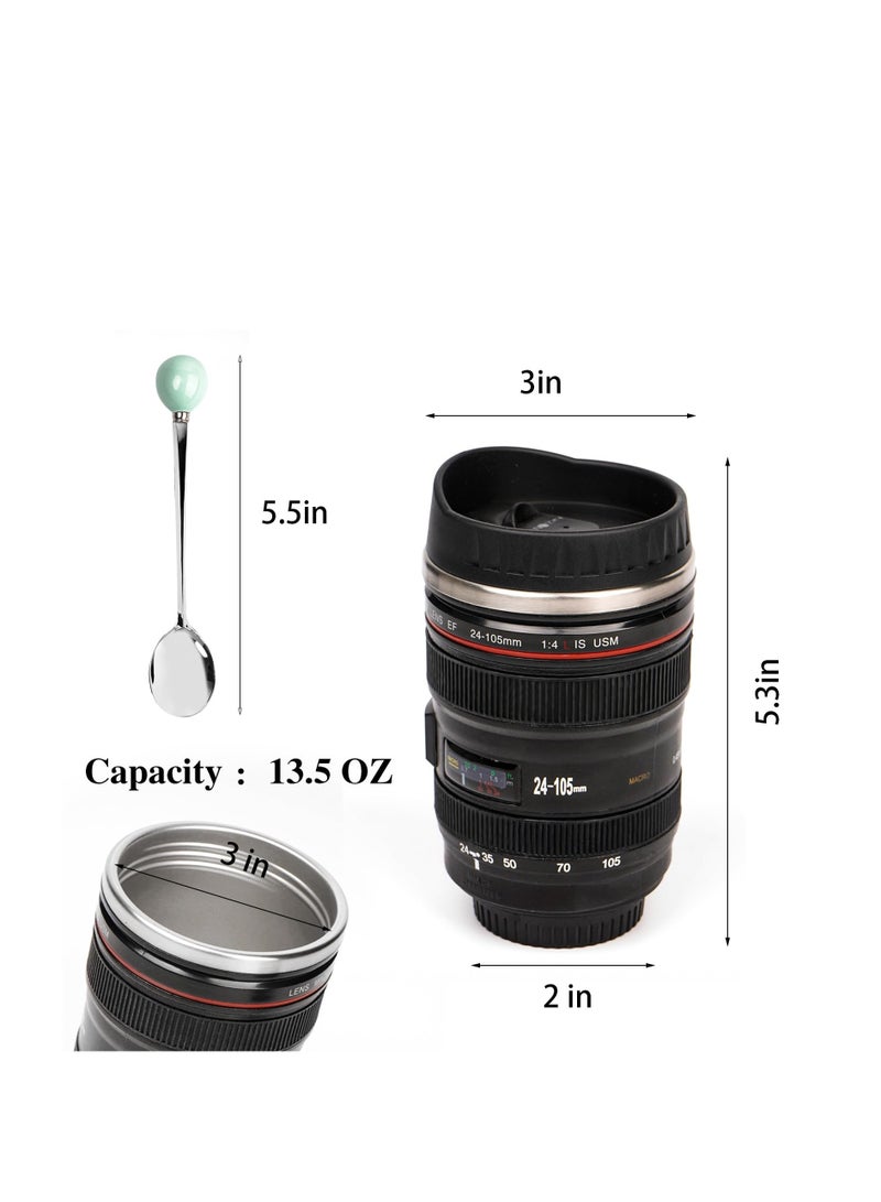 Camera Lens Coffee Mug,Travel Coffee Cup,Stainless Steel Lens Mug Thermos Camera Lens Mug with Lid and Spoon,Cool Gifts for Photographers Men and Women