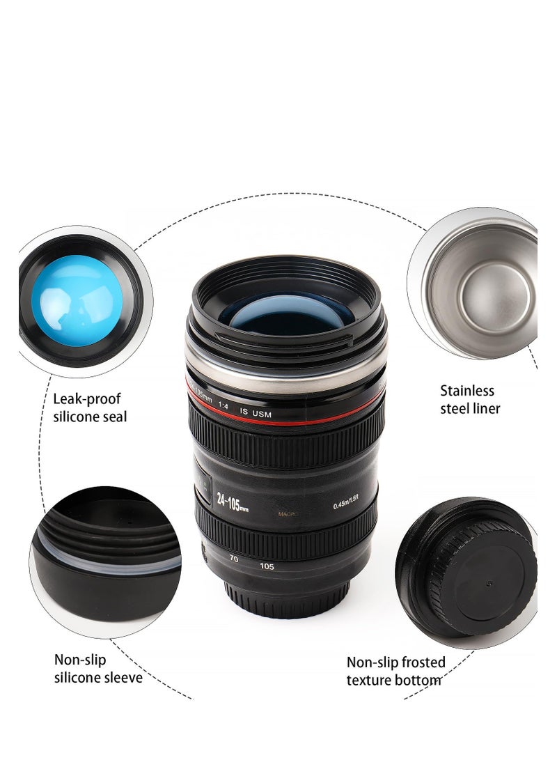 Camera Lens Coffee Mug,Travel Coffee Cup,Stainless Steel Lens Mug Thermos Camera Lens Mug with Lid and Spoon,Cool Gifts for Photographers Men and Women
