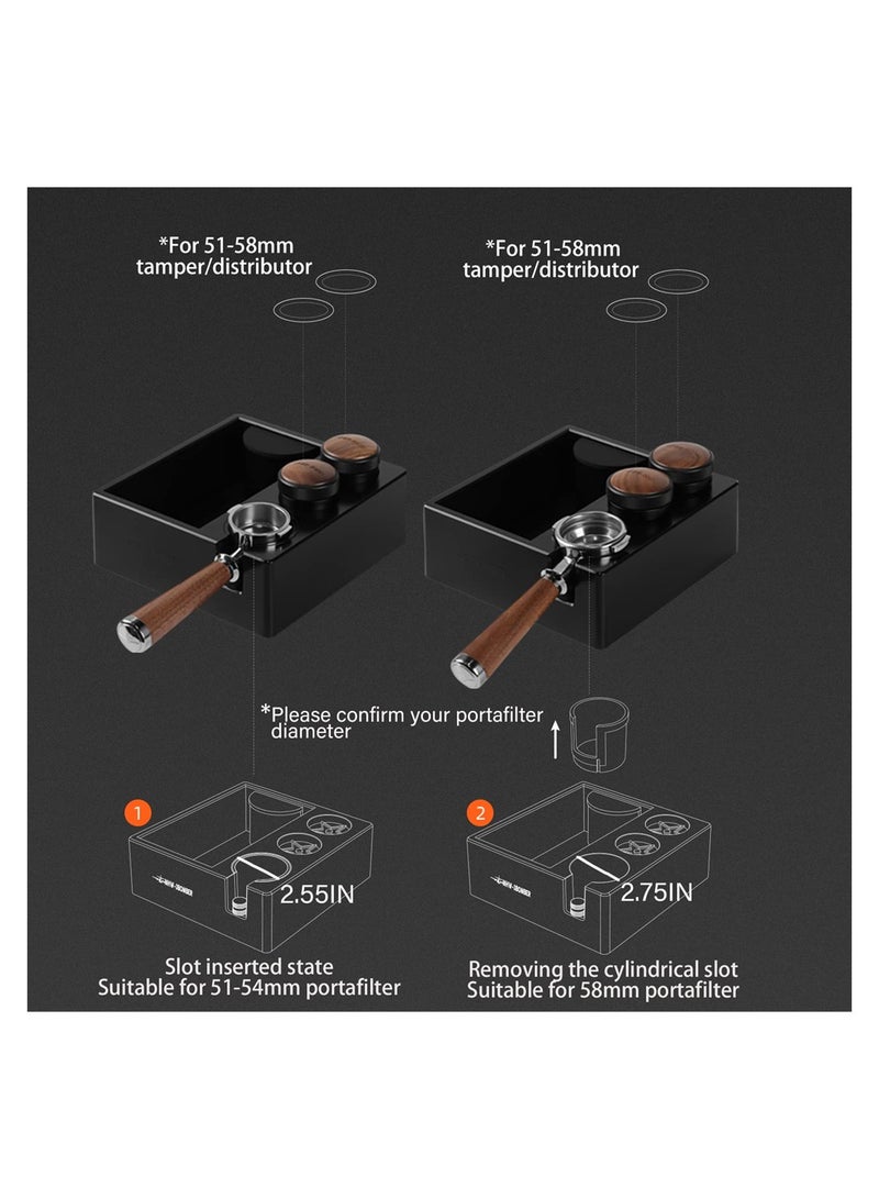Espresso Accessories Organizer Box, 4 in 1 Knock Box Tamping Station Plastic for Storage 51-58MM Espresso Tamper, Distributor, Portafilter Anti-slip Silicone Mats
