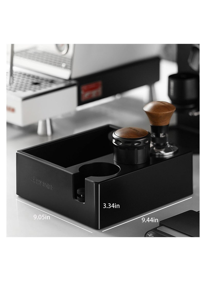 Espresso Accessories Organizer Box, 4 in 1 Knock Box Tamping Station Plastic for Storage 51-58MM Espresso Tamper, Distributor, Portafilter Anti-slip Silicone Mats