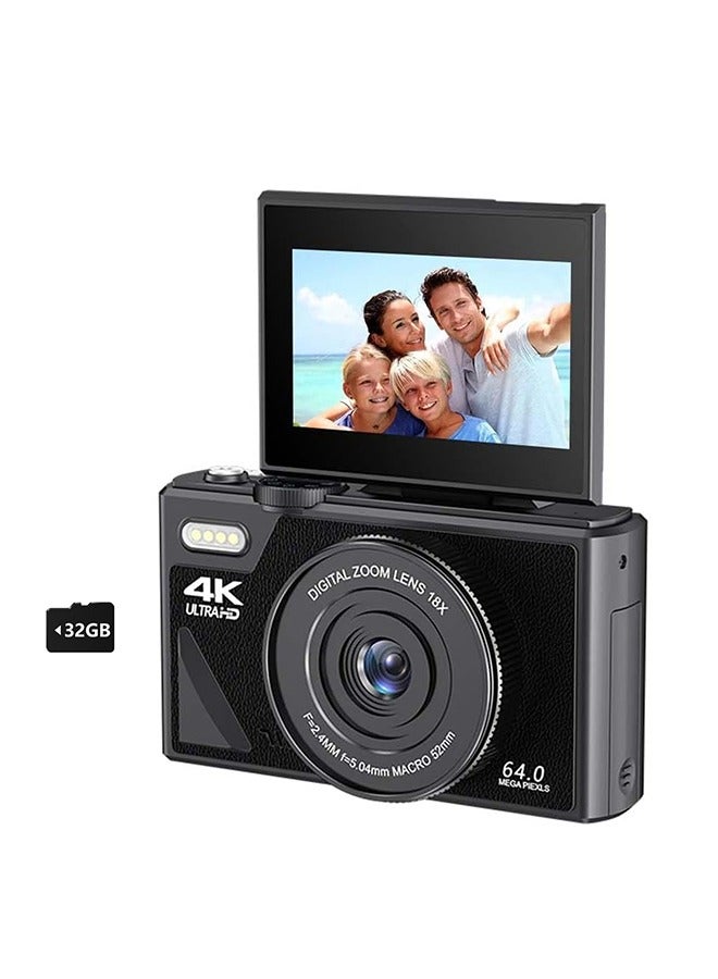 64MP Digital Camera for Photography and Video: 4K Vlogging Camera for YouTube with 3'' Flip Screen and 32GB TF Card, 16X Digital Zoom Digital Camera for Gift (Black)