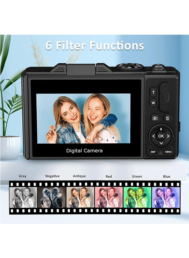 64MP Digital Camera for Photography and Video: 4K Vlogging Camera for YouTube with 3'' Flip Screen and 32GB TF Card, 16X Digital Zoom Digital Camera for Gift (Black)