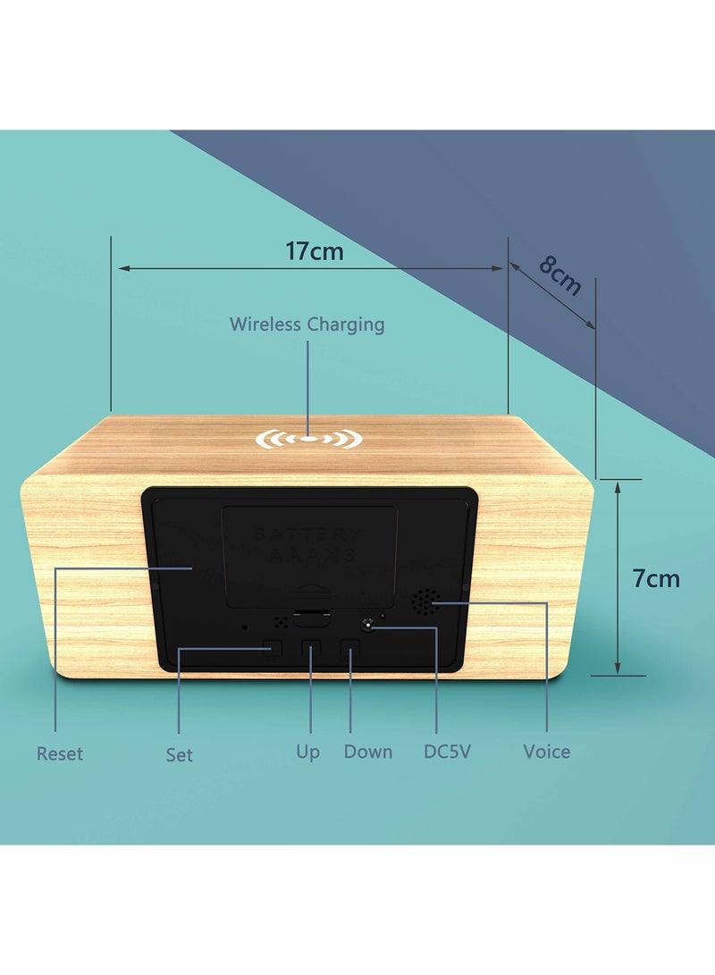 Wooden Alarm Clock with Wireless Charging Pad, LED Digital Clock with Large Date and Temperature Display, Sound Control, Adjustable Brightness, Suitable for Bedroom, Office, Bedside