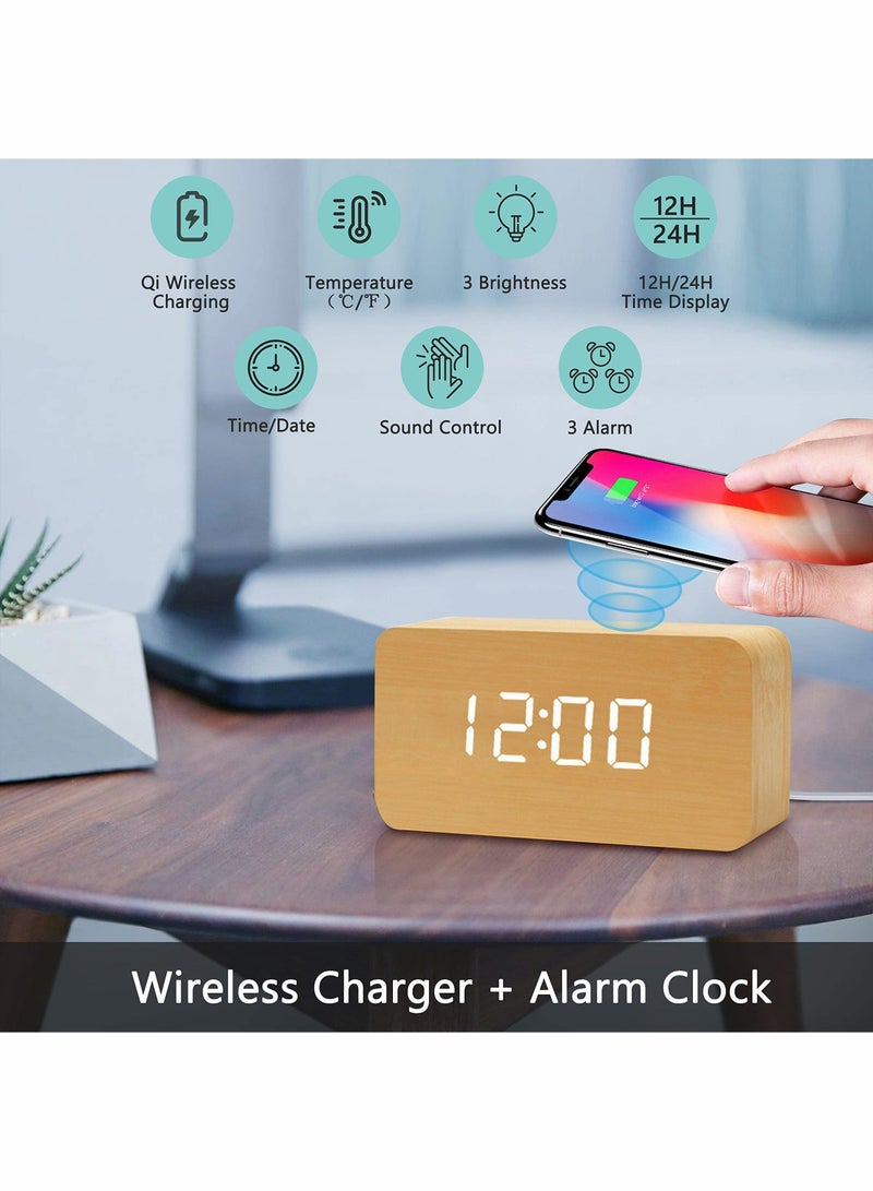 Wooden Alarm Clock with Wireless Charging Pad, LED Digital Clock with Large Date and Temperature Display, Sound Control, Adjustable Brightness, Suitable for Bedroom, Office, Bedside