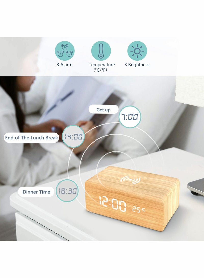 Wooden Alarm Clock with Wireless Charging Pad, LED Digital Clock with Large Date and Temperature Display, Sound Control, Adjustable Brightness, Suitable for Bedroom, Office, Bedside