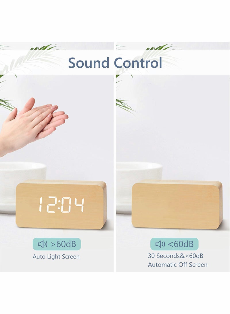 Wooden Alarm Clock with Wireless Charging Pad, LED Digital Clock with Large Date and Temperature Display, Sound Control, Adjustable Brightness, Suitable for Bedroom, Office, Bedside