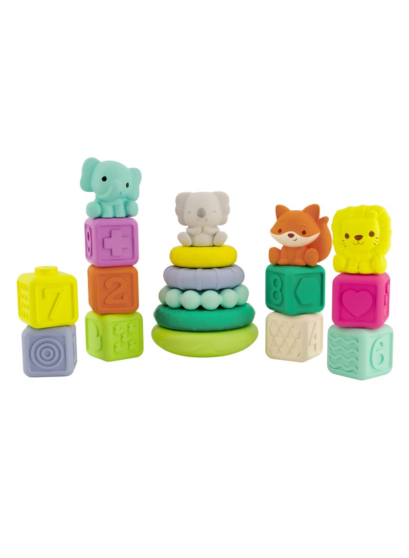 Stackables Activity Playset - Stacking Blocks Rings and Pals for Babies and Toddlers - Multicolor 18-Piece Interchangeable Set