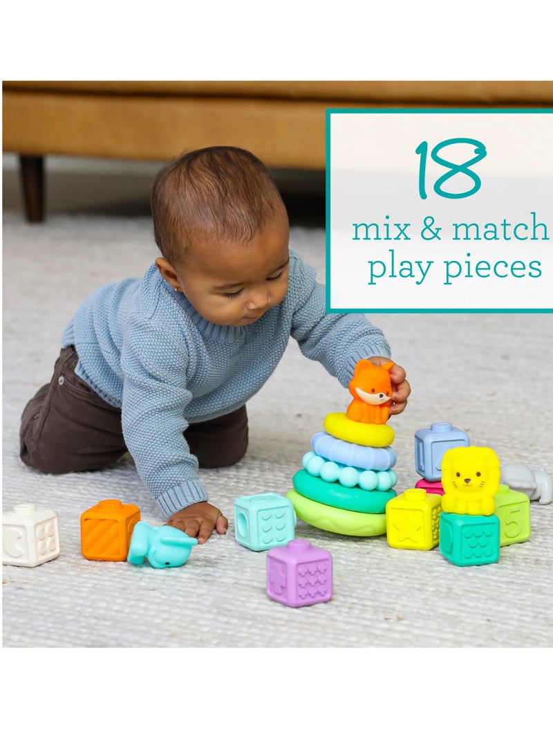 Stackables Activity Playset - Stacking Blocks Rings and Pals for Babies and Toddlers - Multicolor 18-Piece Interchangeable Set