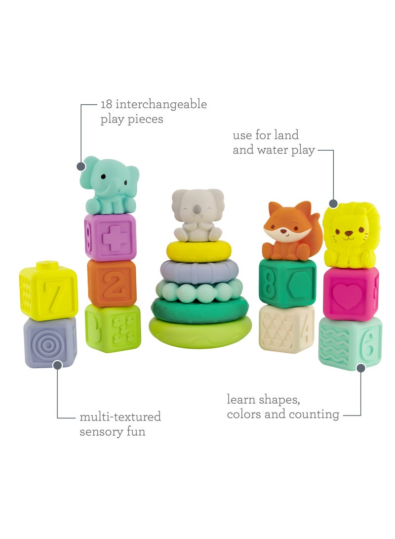 Stackables Activity Playset - Stacking Blocks Rings and Pals for Babies and Toddlers - Multicolor 18-Piece Interchangeable Set