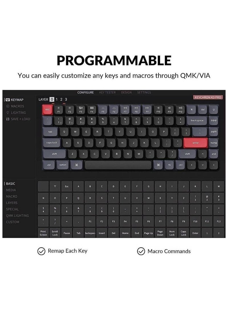 K3 Pro QMK/VIA 75% Wireless Mechanical Keyboard Programmable 84 Keys Layout, Bluetooth/Wired, Hot-swappable, RGB Backlight, Gateron Low-Profile Brown Switch