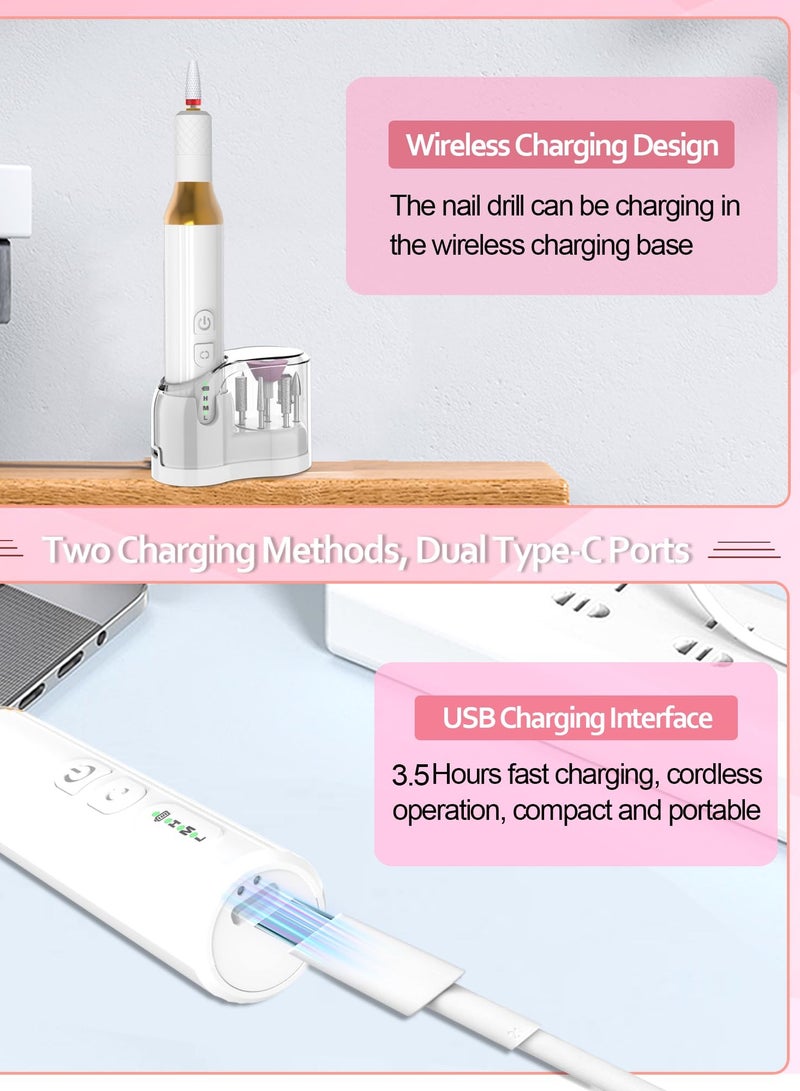 Cordless Electric Nail Drill, Professional Acrylic Nail Drill Machine For Acrylic And Gel Nails, Manicure And Pedicure Nail File For Polishing And Shaping, White