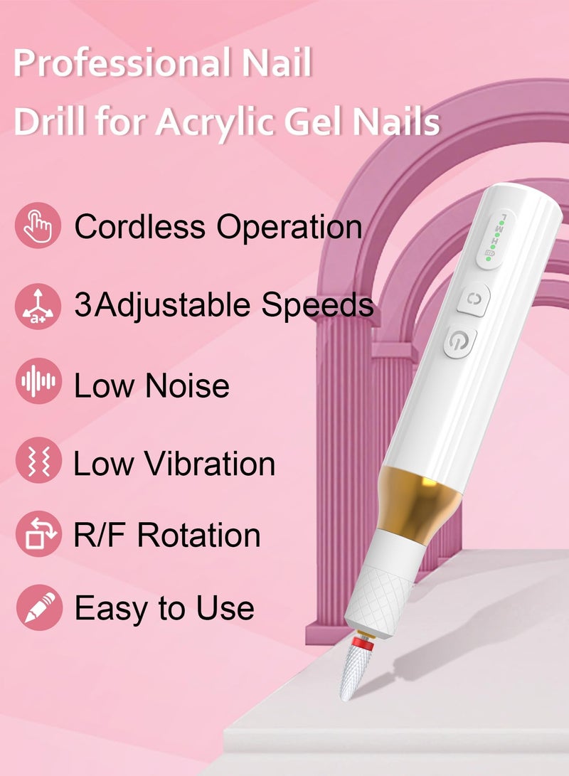 Cordless Electric Nail Drill, Professional Acrylic Nail Drill Machine For Acrylic And Gel Nails, Manicure And Pedicure Nail File For Polishing And Shaping, White